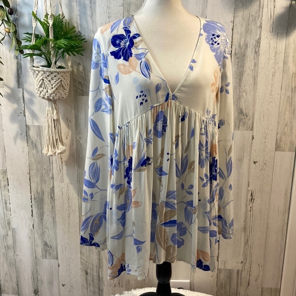 Free People BoHo Blue Floral Tunic/Mini Dress Size Small